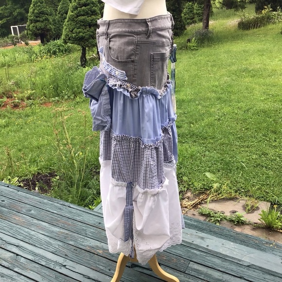 Boho up-cycled tiered patchwork jean mens shirts white eyelet  maxi skirt M/L - Picture 8 of 9